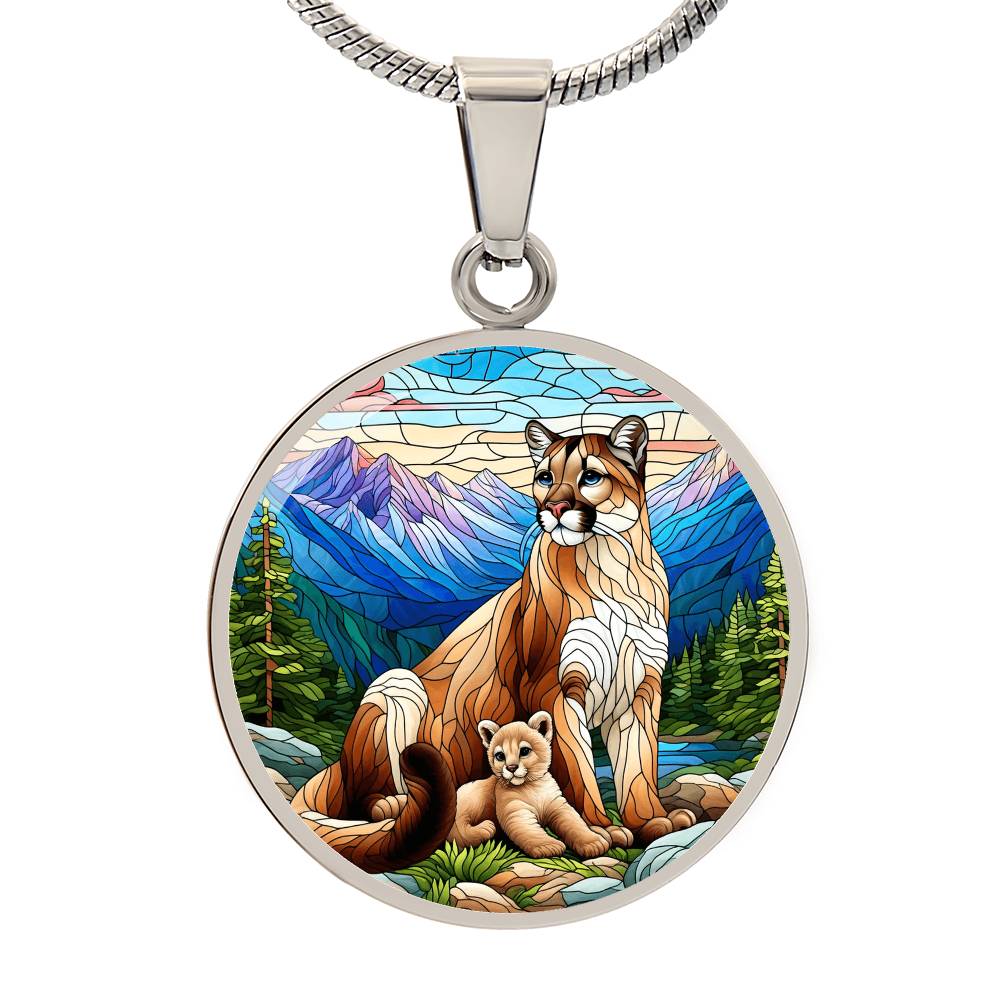 The Mountain Lion Mom Circle Pendant Necklace