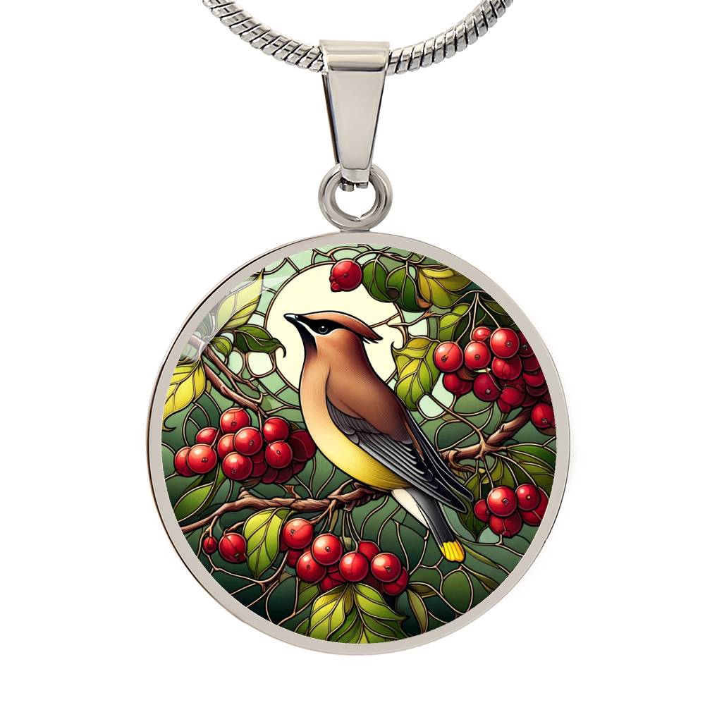 The Cedar Waxwing Bird Circle Pendant Necklace