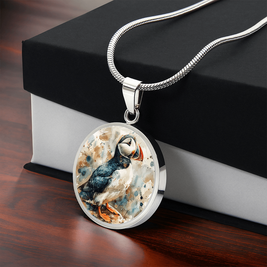 The Watercolor Puffin Circle Pendant Necklace