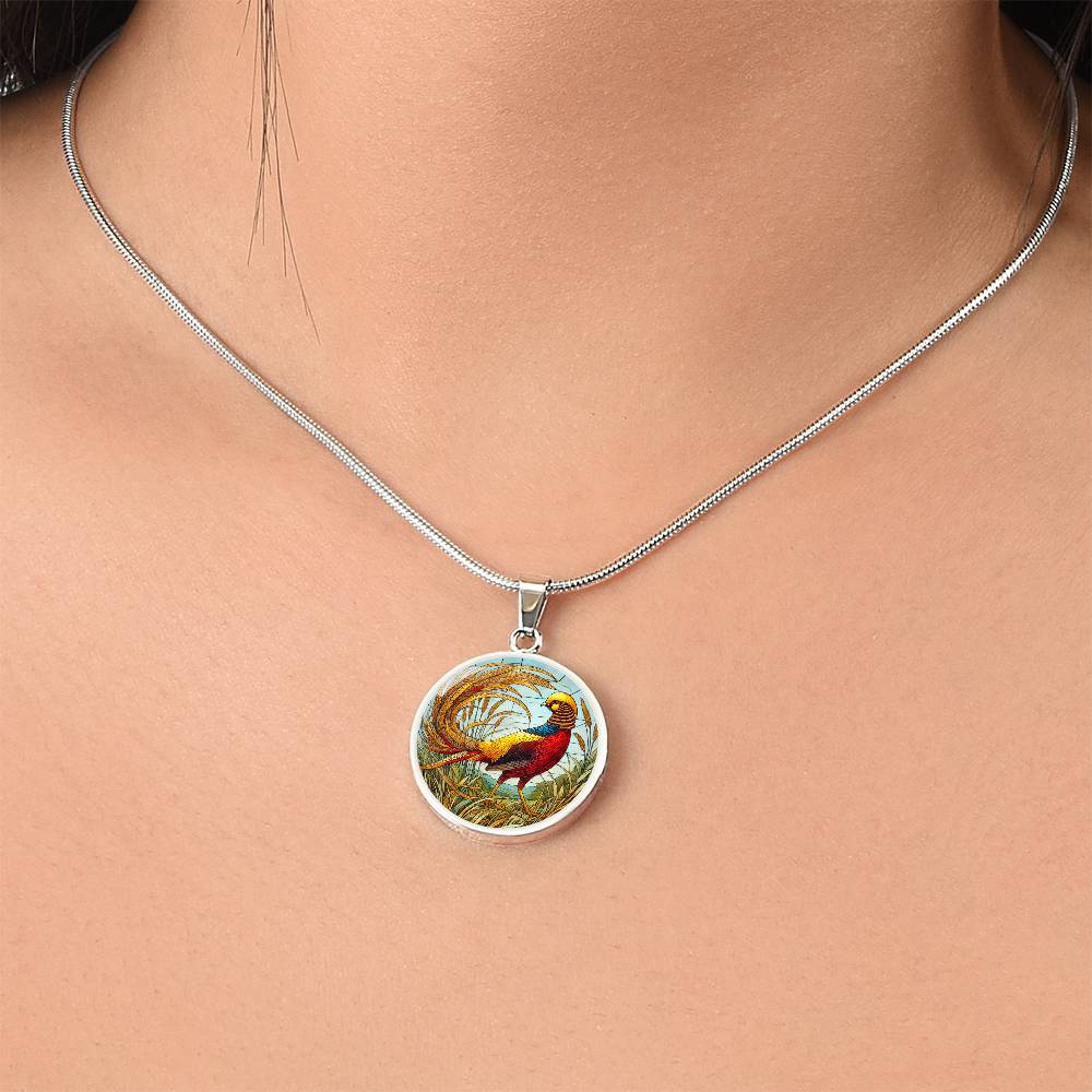 The Golden Pheasant Bird Circle Pendant Necklace