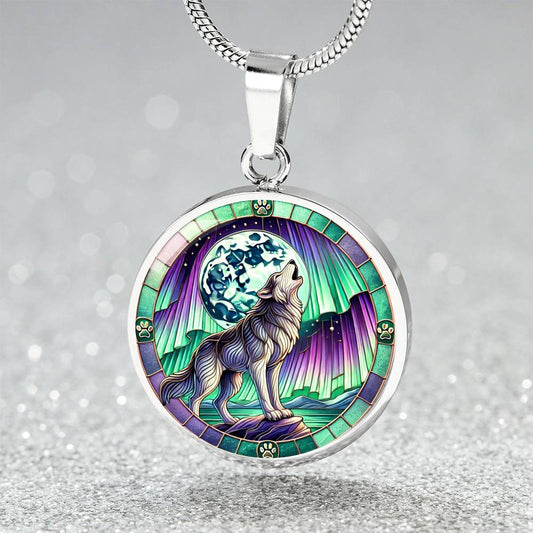 The Northern Lights Wolf Circle Pendant Necklace