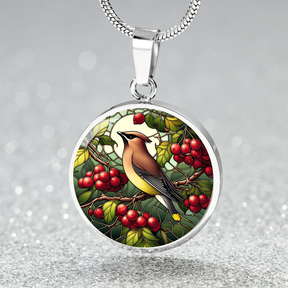 The Cedar Waxwing Bird Circle Pendant Necklace