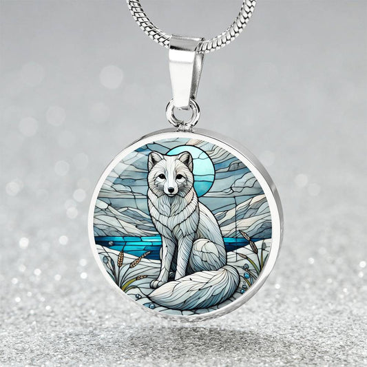 The Moonlit Arctic Fox Circle Pendant Necklace