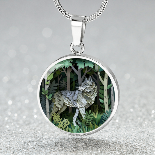 The Woodland Wolf Circle Pendant Necklace