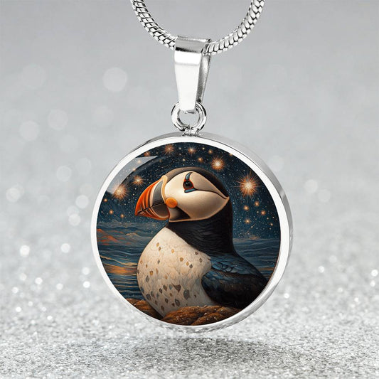 The Starry Puffin Circle Pendant Necklace