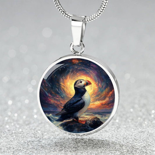 The Celestial Puffin Circle Pendant Necklace