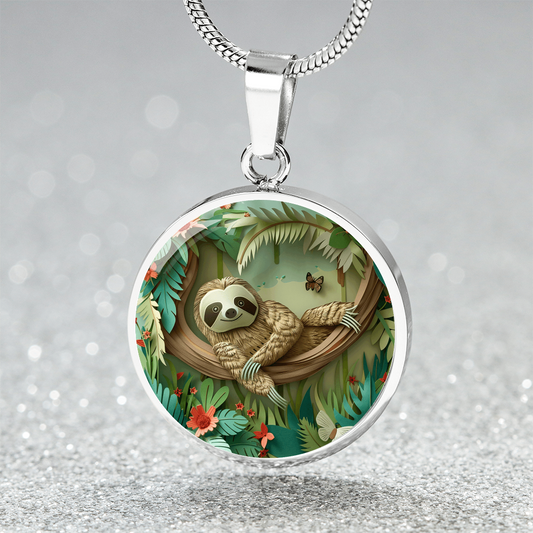 The Happy Sloth Circle Pendant Necklace