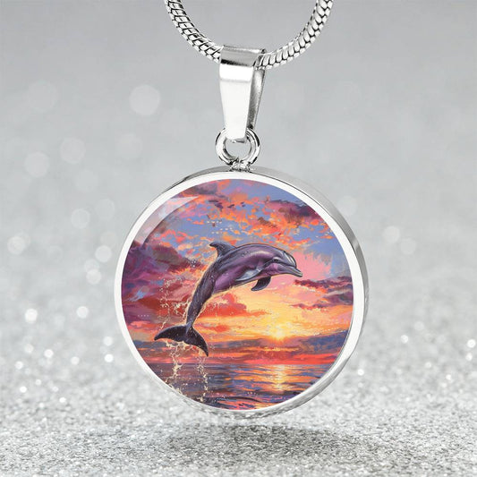 The Sunset Dolphin Circle Pendant Necklace