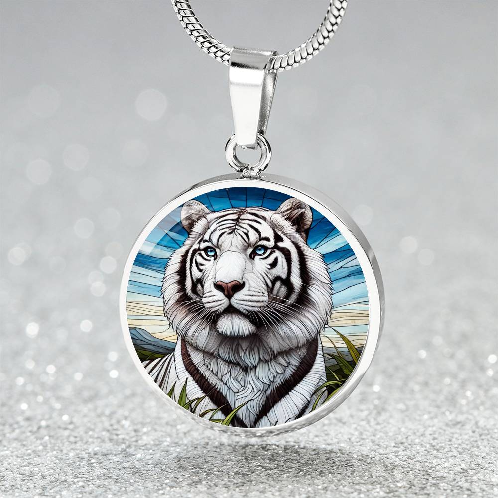 The White Tiger Face Circle Pendant Necklace