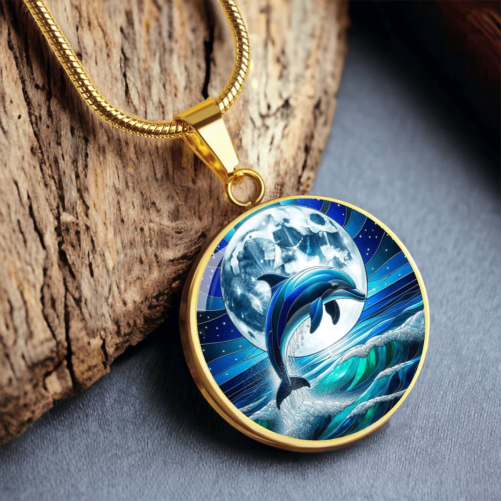 The Moonlit Dolphin Circle Pendant Necklace