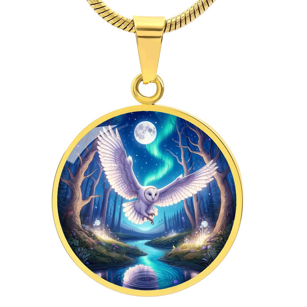 The Great White Owl Circle Pendant Necklace