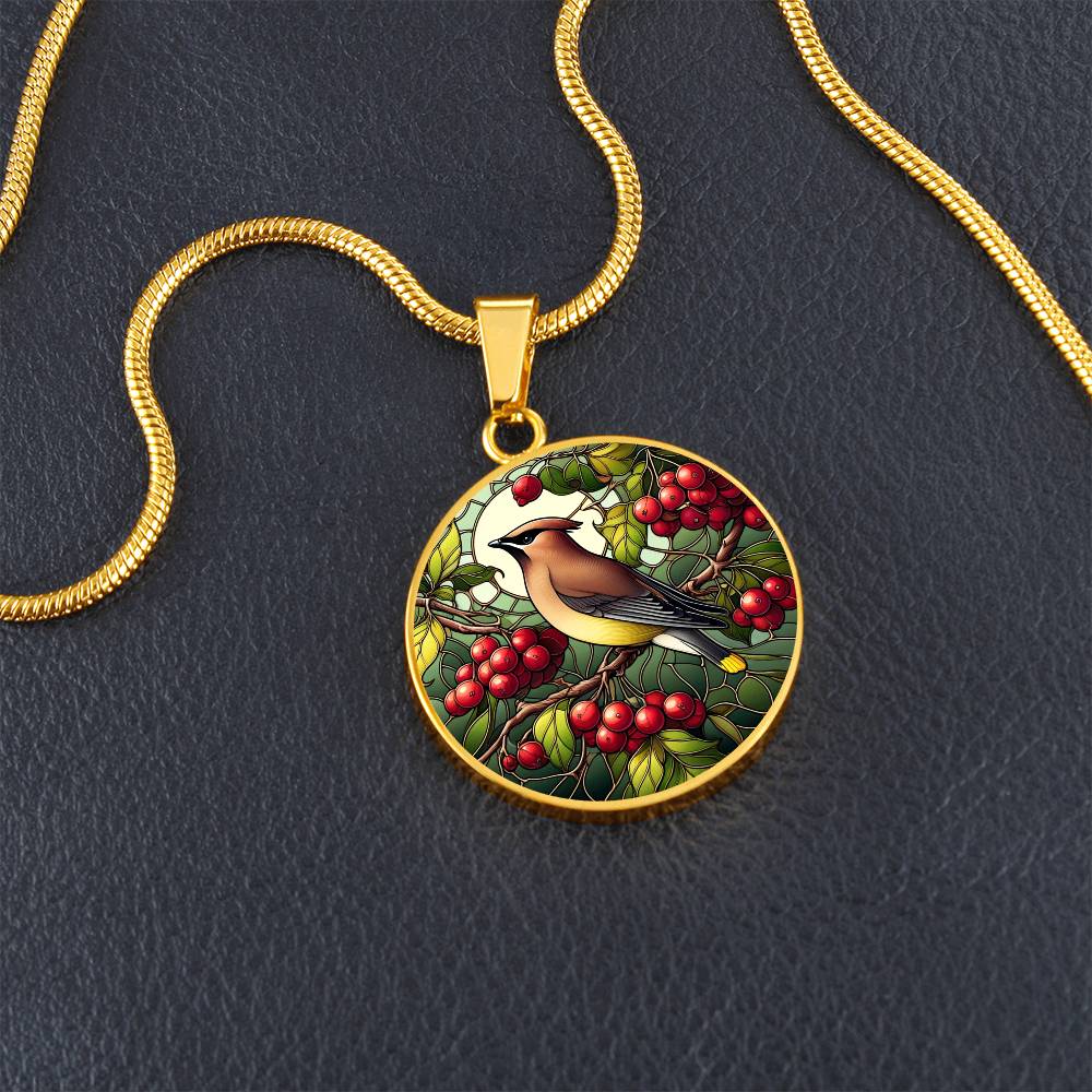 The Cedar Waxwing Bird Circle Pendant Necklace