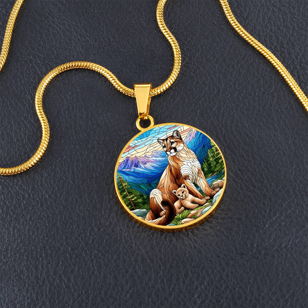 The Mountain Lion Mom Circle Pendant Necklace